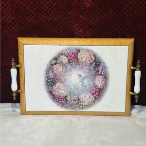 VintageCeramic Tile Serving Tray Floral Bird Motif Wood Frame Porcelain Handles